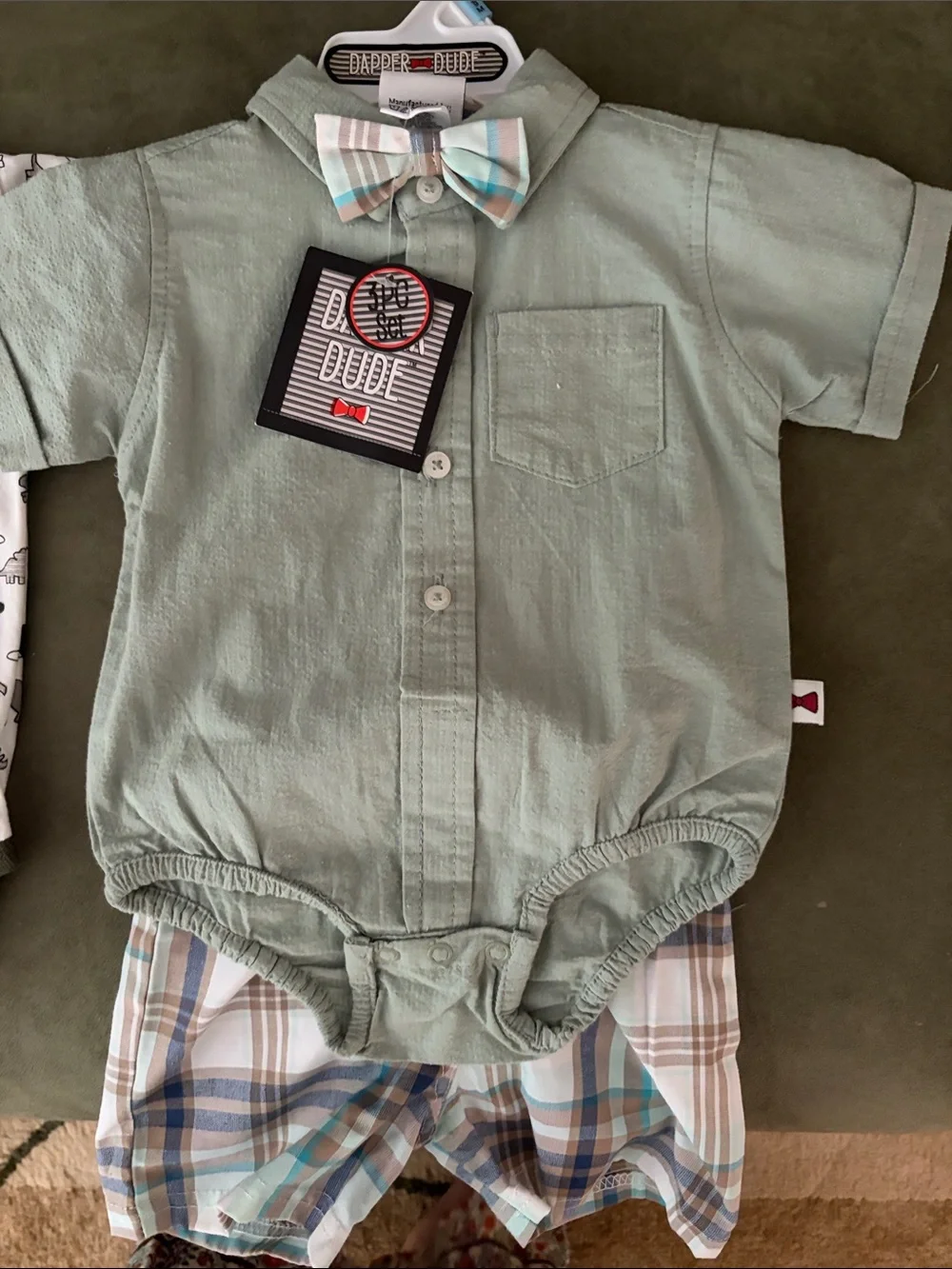 3 piece set!   Sage Green Button-Front Baby Shirt Bodysuit with Bow plus onesie